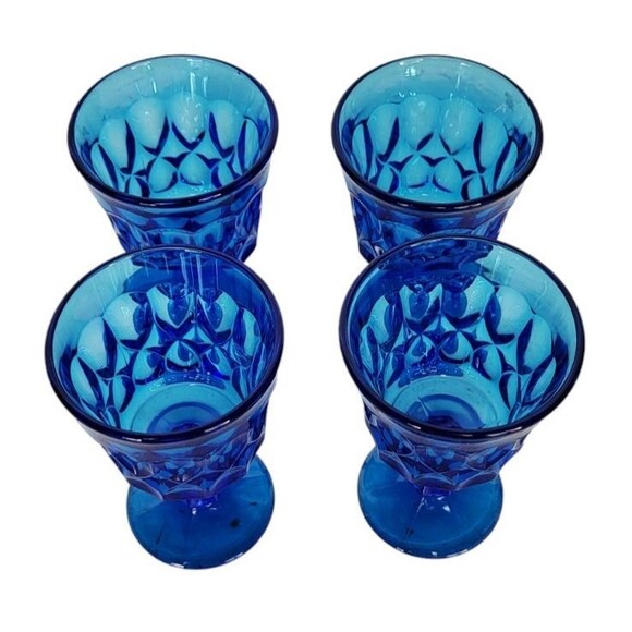 Vintage MCM Noritake Perspective Blue Glass Footed Wine Water Juice Four Goblets - Picture 2 of 11